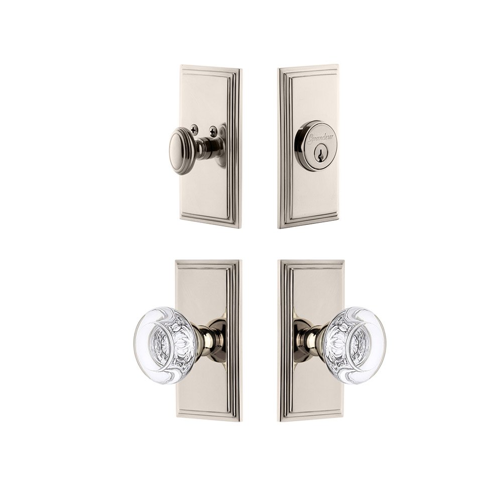 Handleset - Carre Plate With Bordeaux Crystal Knob & Matching Deadbolt In Polished Nickel