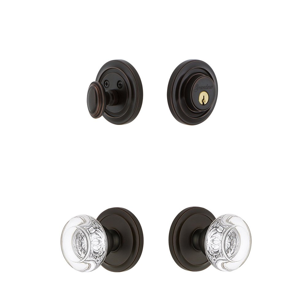 Handleset - Circulaire Rosette With Bordeaux Crystal Knob & Matching Deadbolt In Timeless Bronze