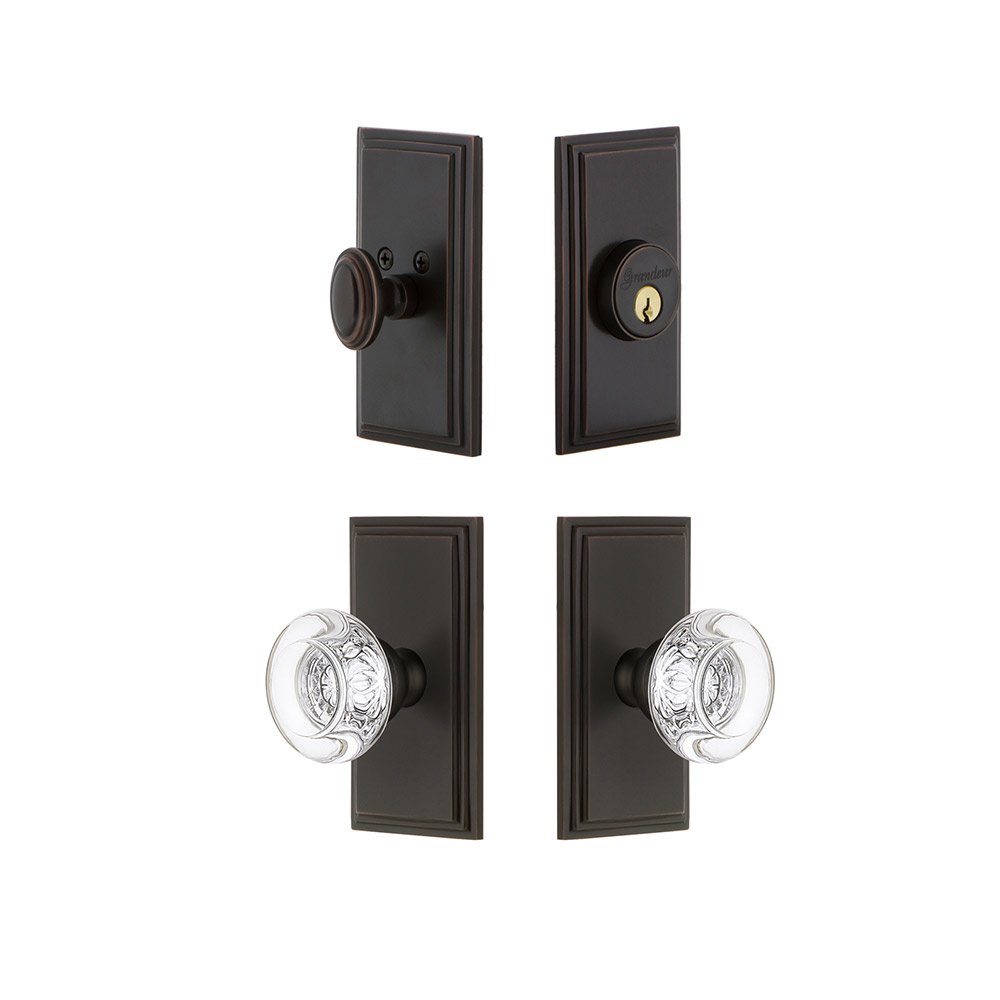 Handleset - Carre Plate With Bordeaux Crystal Knob & Matching Deadbolt In Timeless Bronze