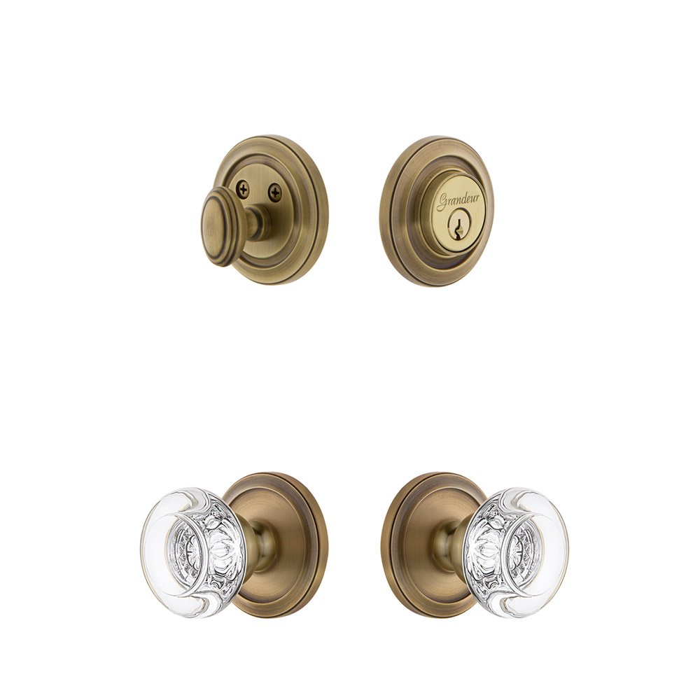 Handleset - Circulaire Rosette With Bordeaux Crystal Knob & Matching Deadbolt In Vintage Brass