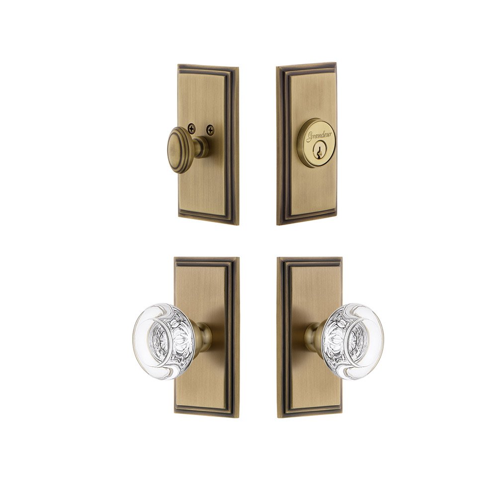 Handleset - Carre Plate With Bordeaux Crystal Knob & Matching Deadbolt In Vintage Brass