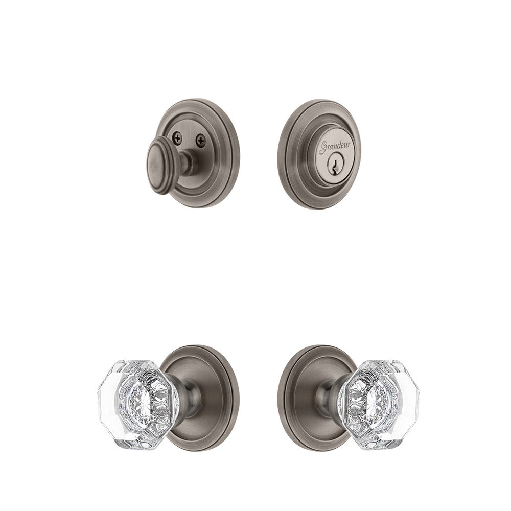 Handleset - Circulaire Rosette With Chambord Crystal Knob & Matching Deadbolt In Antique Pewter