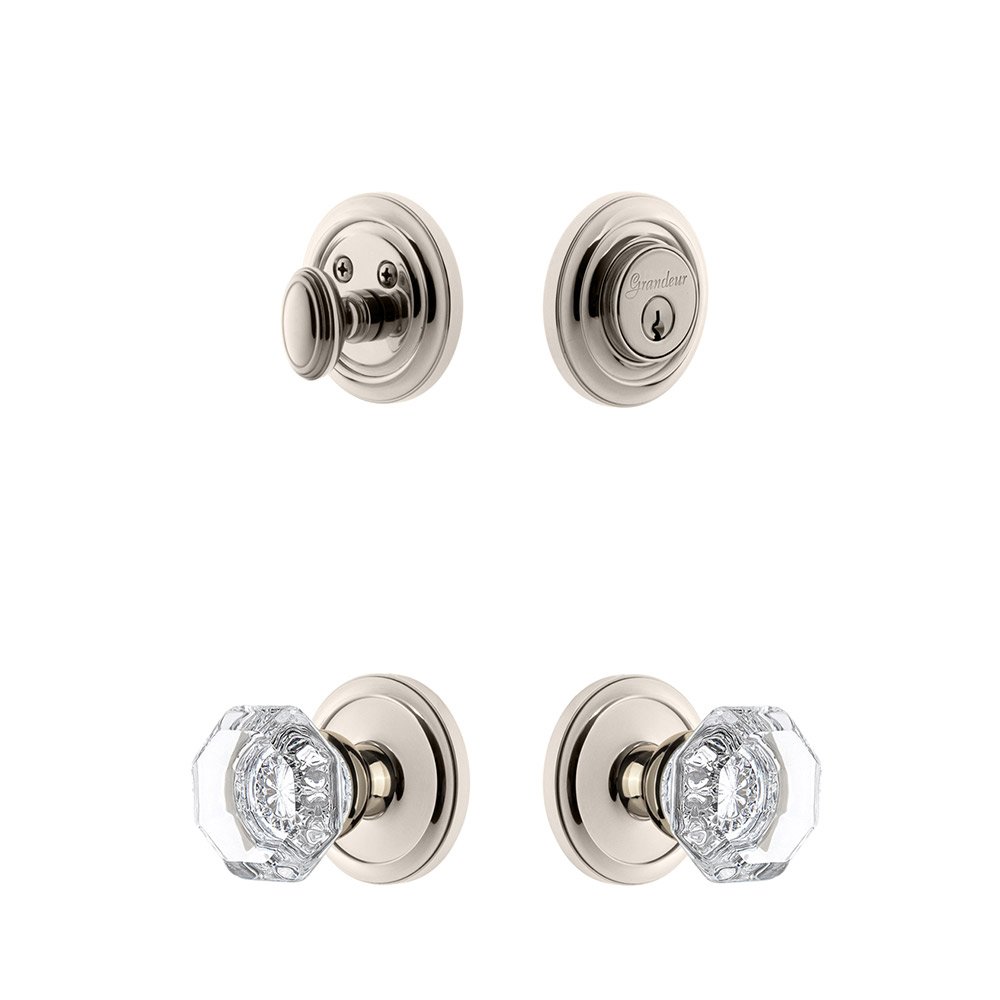 Handleset - Circulaire Rosette With Chambord Crystal Knob & Matching Deadbolt In Polished Nickel