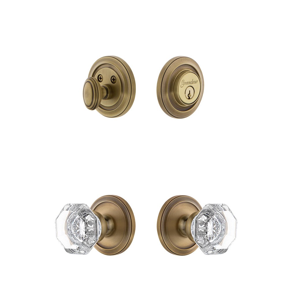 Handleset - Circulaire Rosette With Chambord Crystal Knob & Matching Deadbolt In Vintage Brass