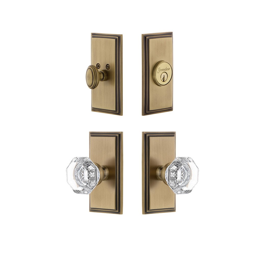 Handleset - Carre Plate With Chambord Crystal Knob & Matching Deadbolt In Vintage Brass