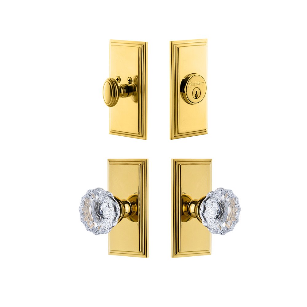 Handleset - Carre Plate With Fontainebleau Crystal Knob & Matching Deadbolt In Lifetime Brass