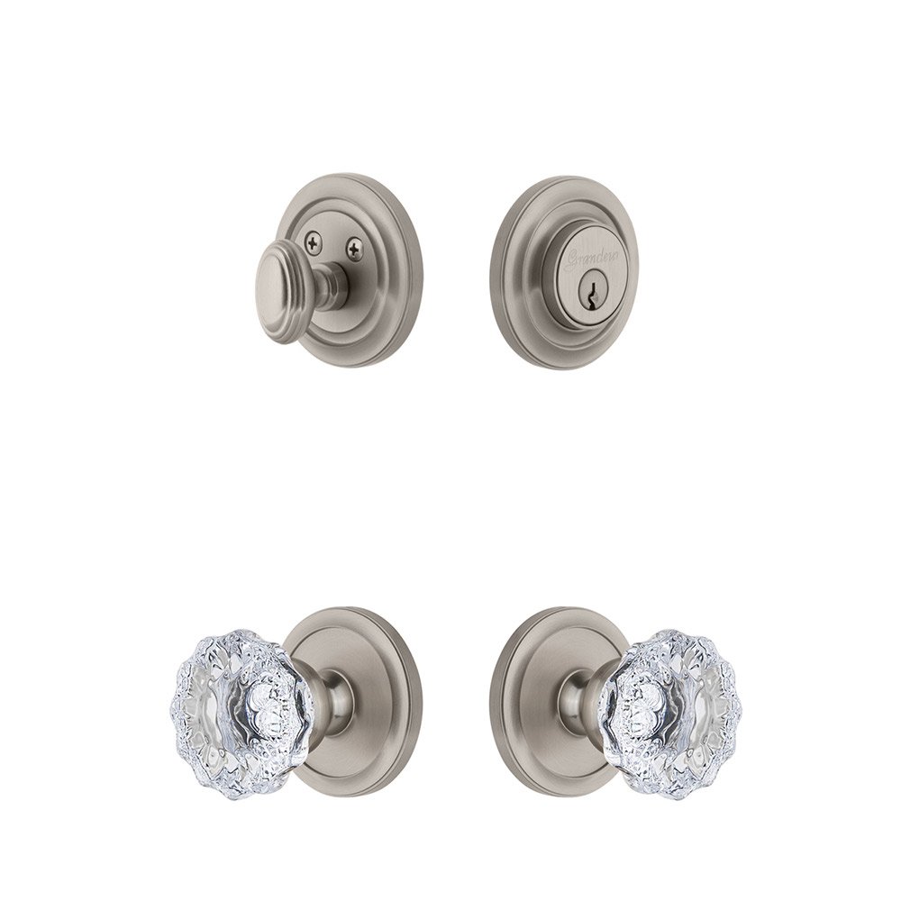 Handleset - Circulaire Rosette With Fontainebleau Crystal Knob & Matching Deadbolt In Satin Nickel