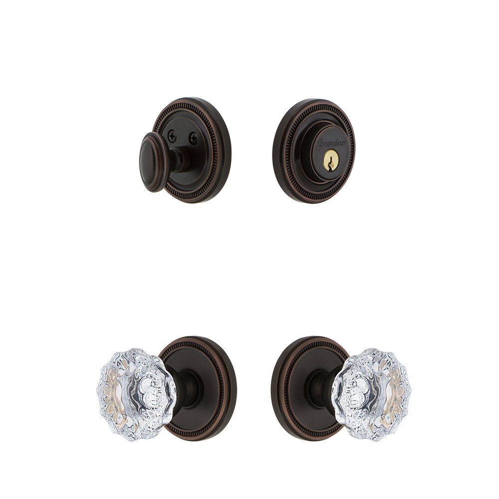 Soleil Rosette With Fontainebleau Crystal Knob & Matching Deadbolt In Timeless Bronze