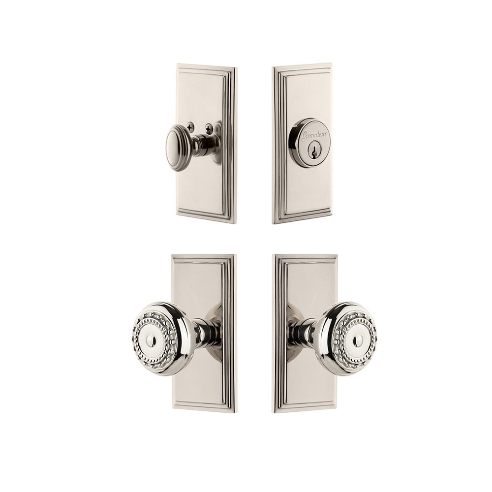 Handleset - Carre Plate With Parthenon Knob & Matching Deadbolt In Polished Nickel