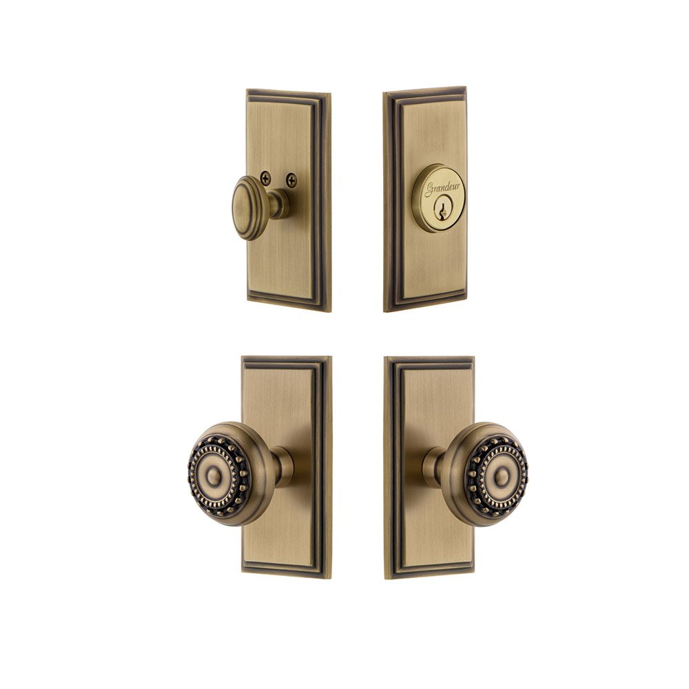 Handleset - Carre Plate With Parthenon Knob & Matching Deadbolt In Vintage Brass