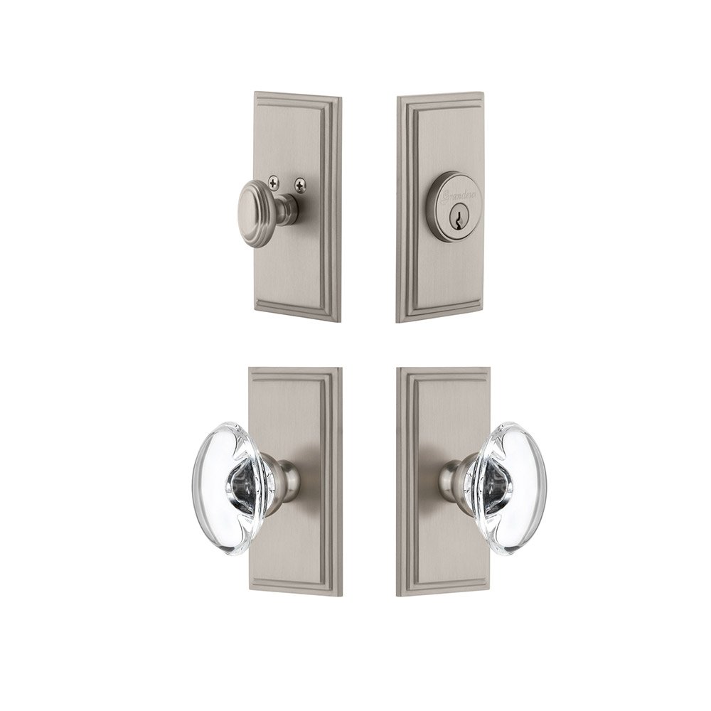 Handleset - Carre Plate With Provence Crystal Knob & Matching Deadbolt In Satin Nickel