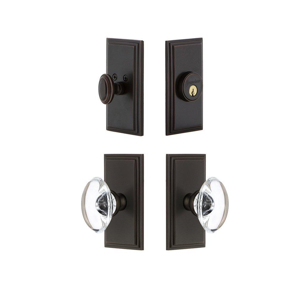 Handleset - Carre Plate With Provence Crystal Knob & Matching Deadbolt In Timeless Bronze
