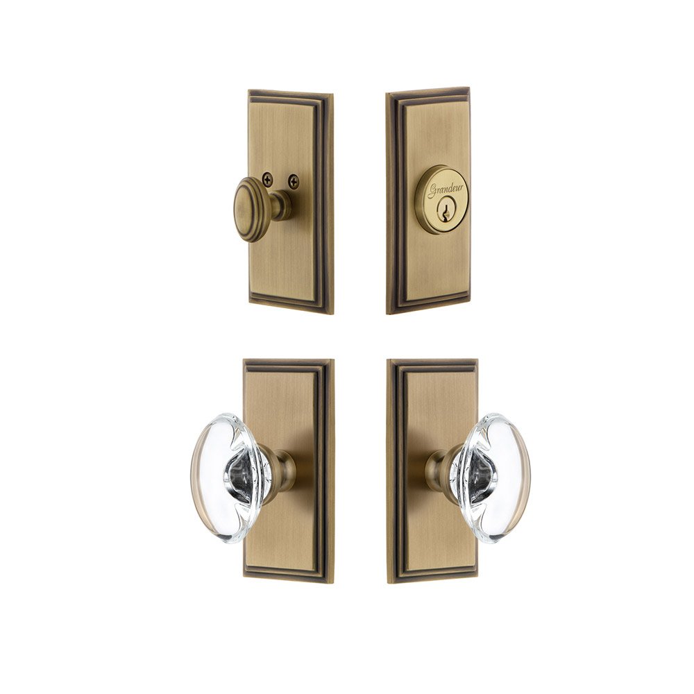 Handleset - Carre Plate With Provence Crystal Knob & Matching Deadbolt In Vintage Brass