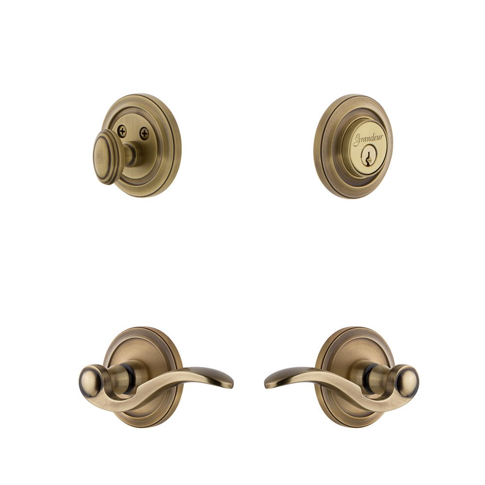 Handleset - Circulaire Rosette With Bellagio Lever & Matching Deadbolt In Vintage Brass