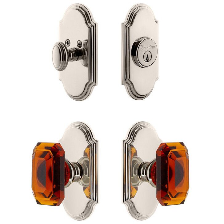 Handleset - Arc Plate With Amber Baguette Crystal Knob & Matching Deadbolt In Polished Nickel