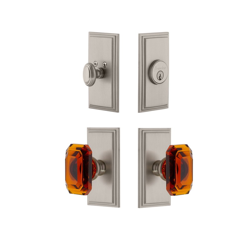 Handleset - Carre Plate With Amber Baguette Crystal Knob & Matching Deadbolt In Satin Nickel