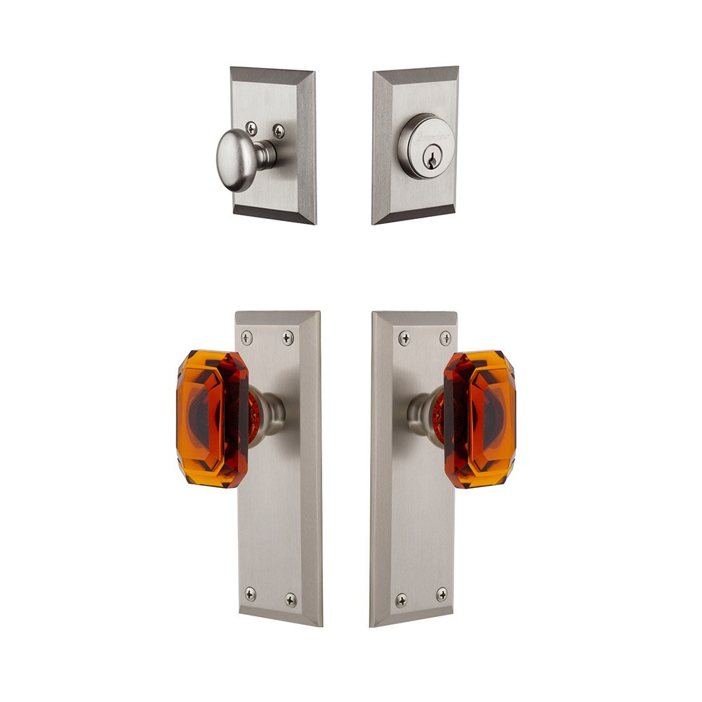 Fifth Avenue Plate With Amber Baguette Crystal Knob & Matching Deadbolt In Satin Nickel