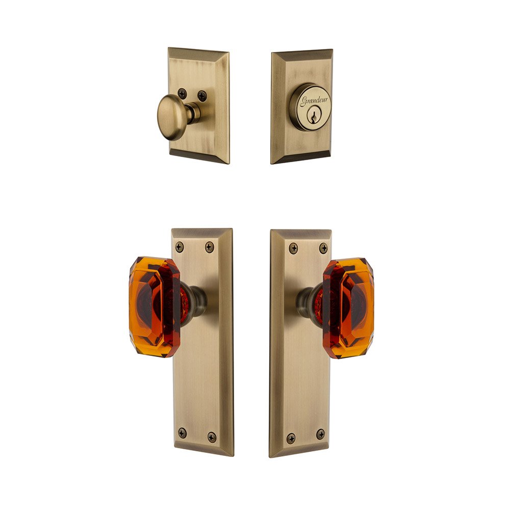 Fifth Avenue Plate With Amber Baguette Crystal Knob & Matching Deadbolt In Vintage Brass