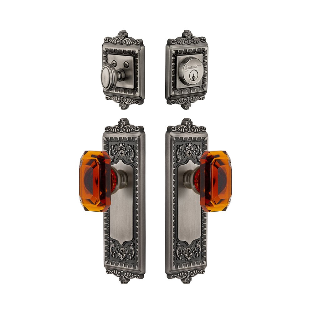 Windsor Plate With Amber Baguette Crystal Knob & Matching Deadbolt In Antique Pewter