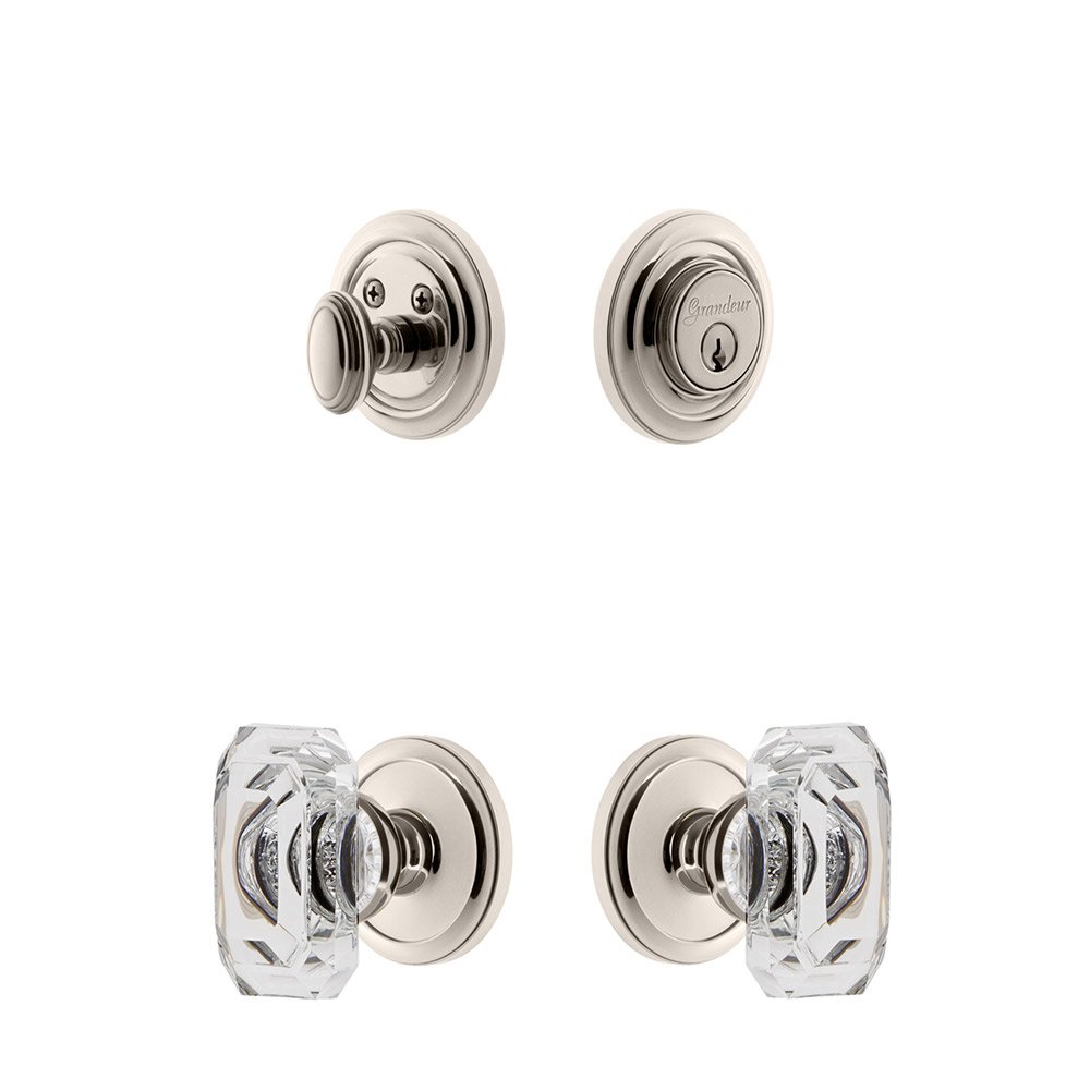 Handleset - Circulaire Rosette With Baguette Crystal Knob & Matching Deadbolt In Polished Nickel