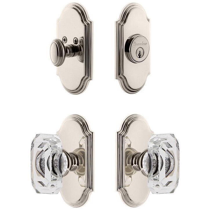 Handleset - Arc Plate With Baguette Crystal Knob & Matching Deadbolt In Polished Nickel