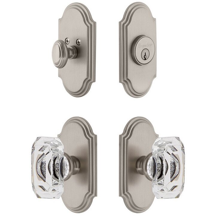 Handleset - Arc Plate With Baguette Crystal Knob & Matching Deadbolt In Satin Nickel