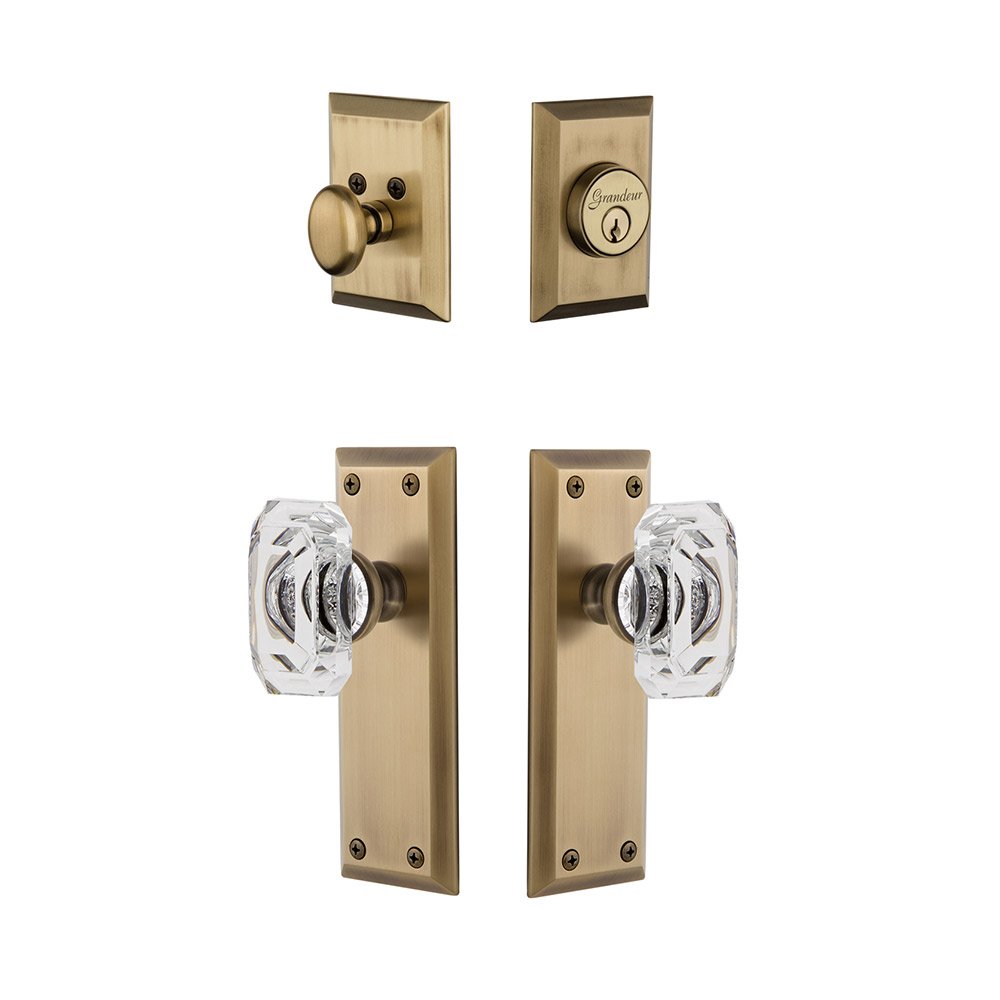 Fifth Avenue Plate With Baguette Crystal Knob & Matching Deadbolt In Vintage Brass