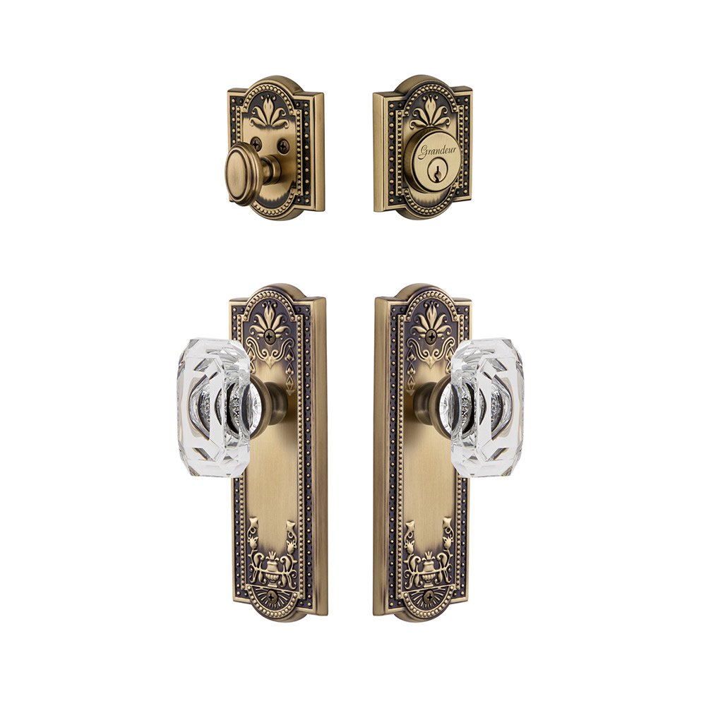 Parthenon Plate With Baguette Crystal Knob & Matching Deadbolt In Vintage Brass