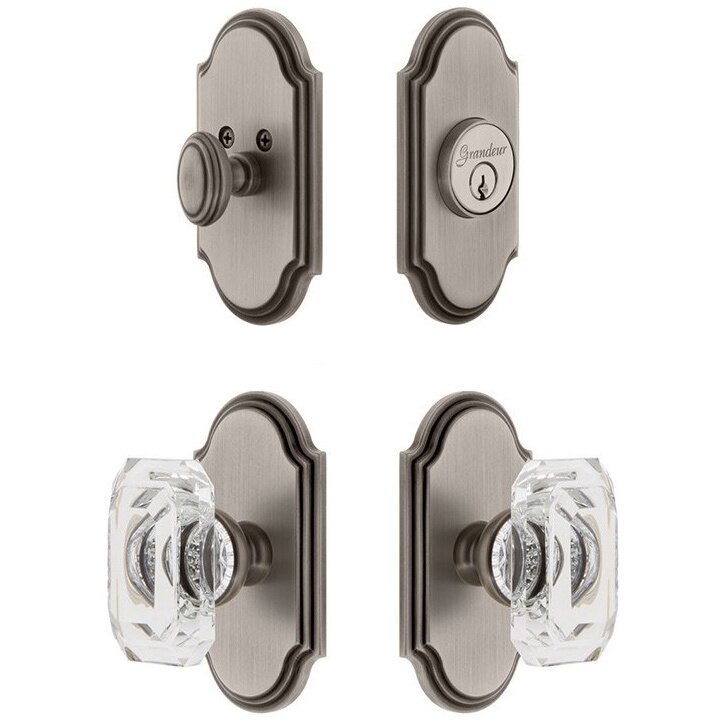 Handleset - Arc Plate With Baguette Crystal Knob & Matching Deadbolt In Antique Pewter