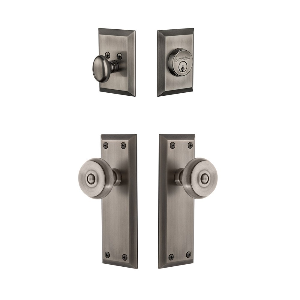 Fifth Avenue Plate With Bouton Knob & Matching Deadbolt In Antique Pewter
