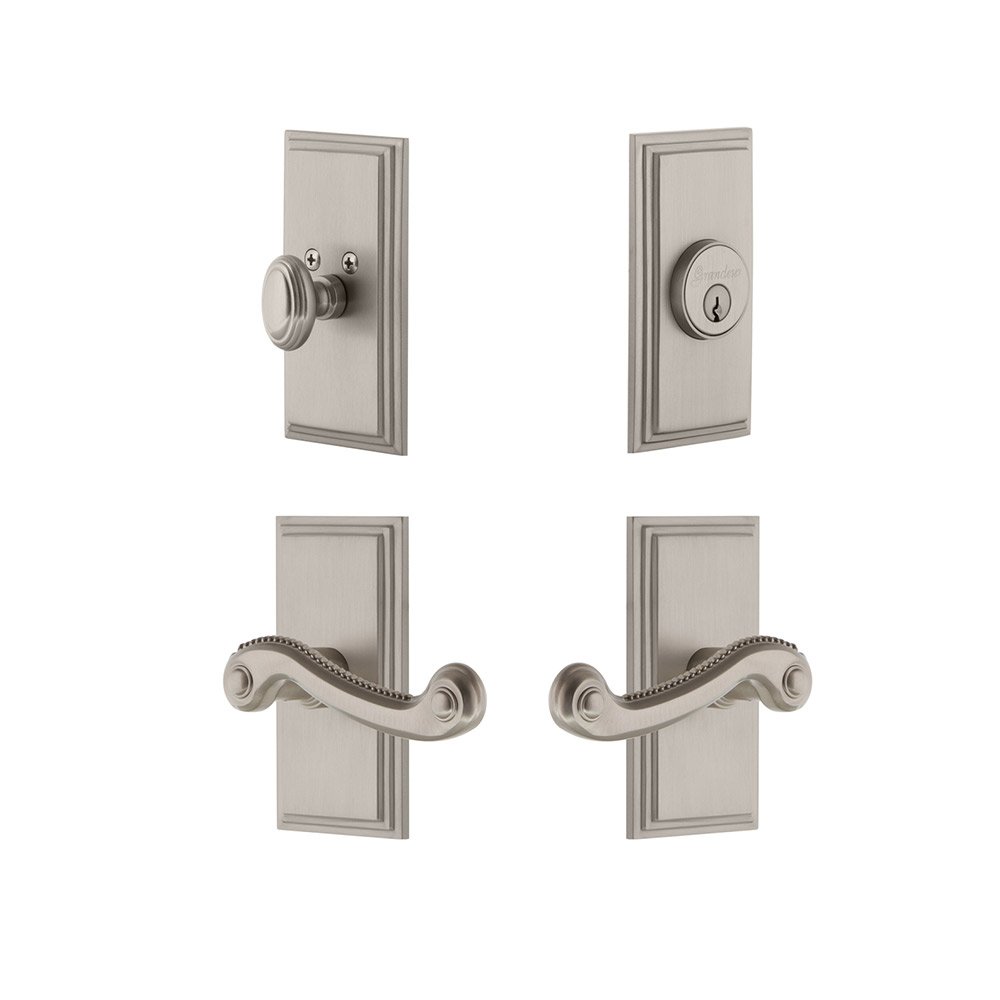 Handleset - Carre Plate With Newport Lever & Matching Deadbolt In Satin Nickel