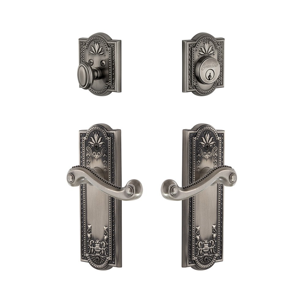 Parthenon Plate With Newport Lever & Matching Deadbolt In Antique Pewter