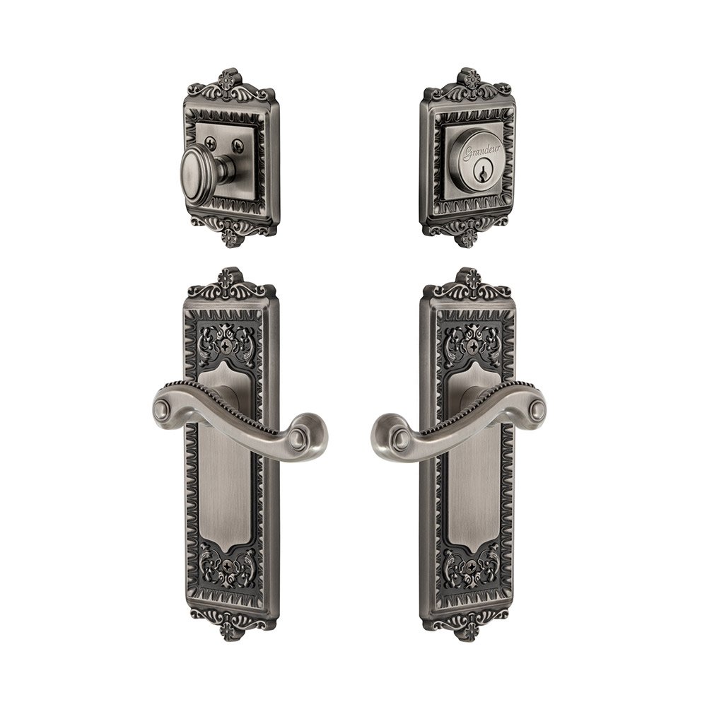 Windsor Plate With Newport Lever & Matching Deadbolt In Antique Pewter