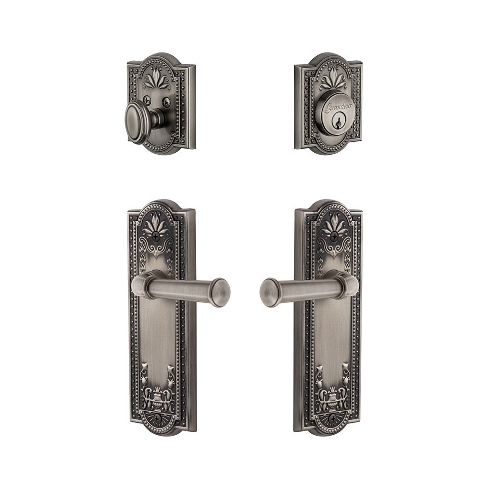 Parthenon Plate With Georgetown Lever & Matching Deadbolt In Antique Pewter