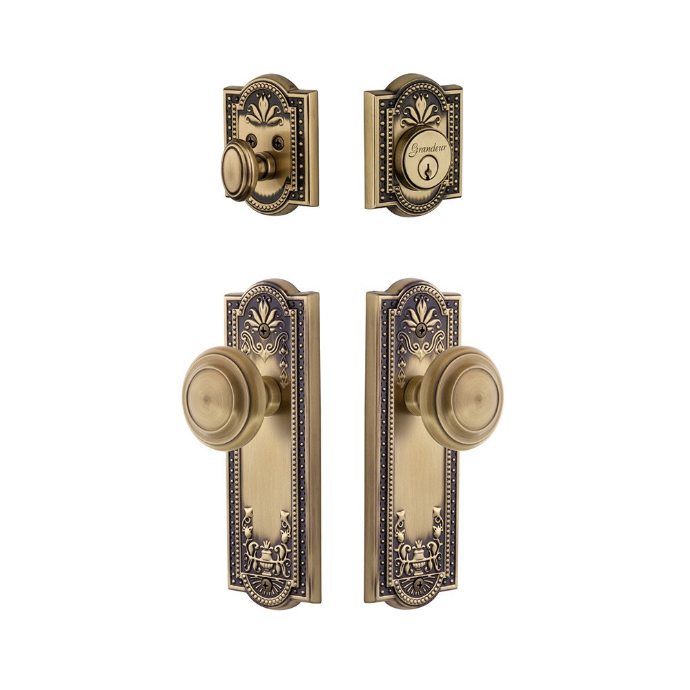 Parthenon Plate With Circulaire Knob & Matching Deadbolt In Vintage Brass