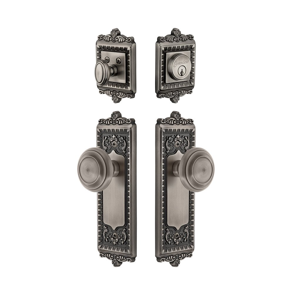 Windsor Plate With Circulaire Knob & Matching Deadbolt In Antique Pewter