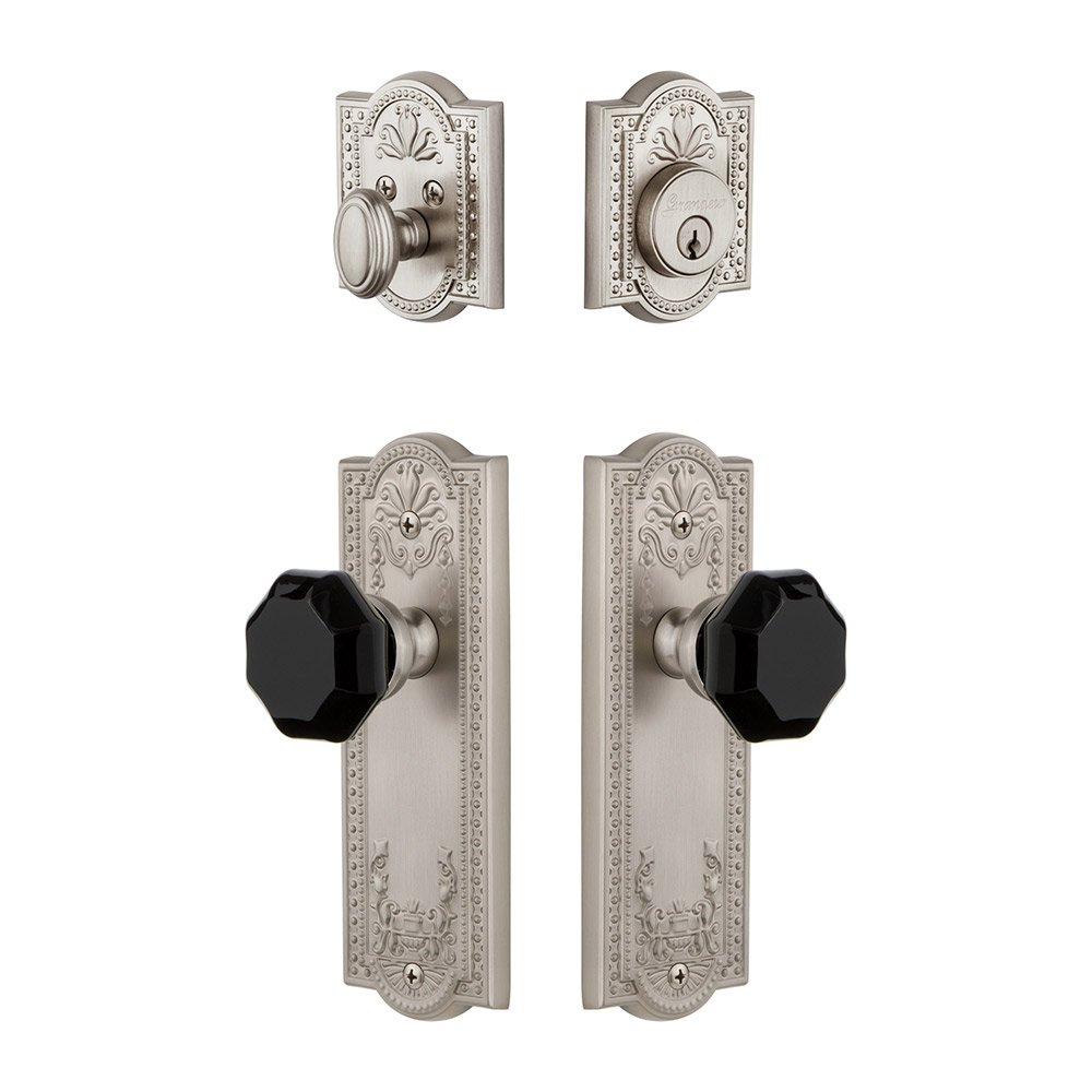 Parthenon Plate with Lyon Knob and matching Deadbolt in Satin Nickel