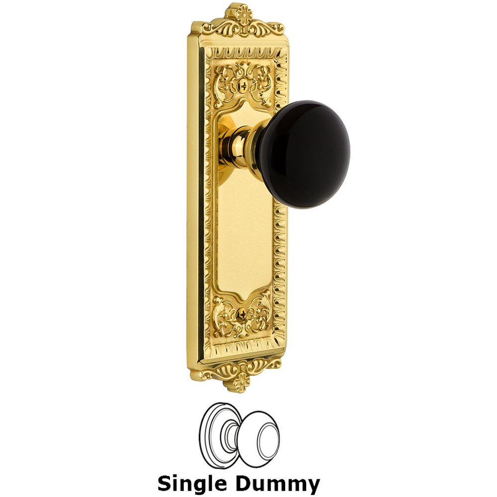 Single Dummy - Windsor Rosette with Black Coventry Porcelain Knob in Polished Brass