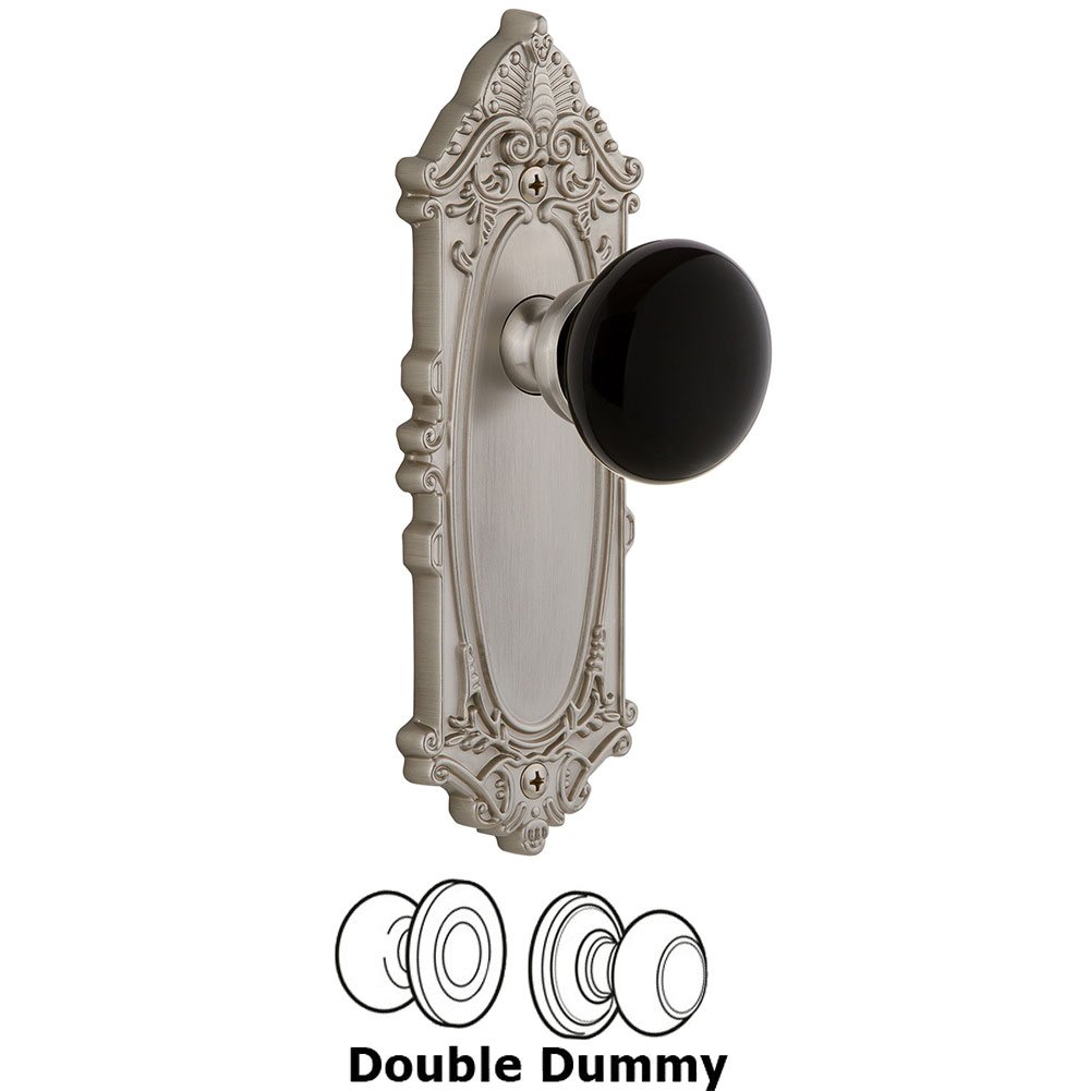 Double Dummy - Grande Victorian Rosette with Black Coventry Porcelain Knob in Satin Nickel