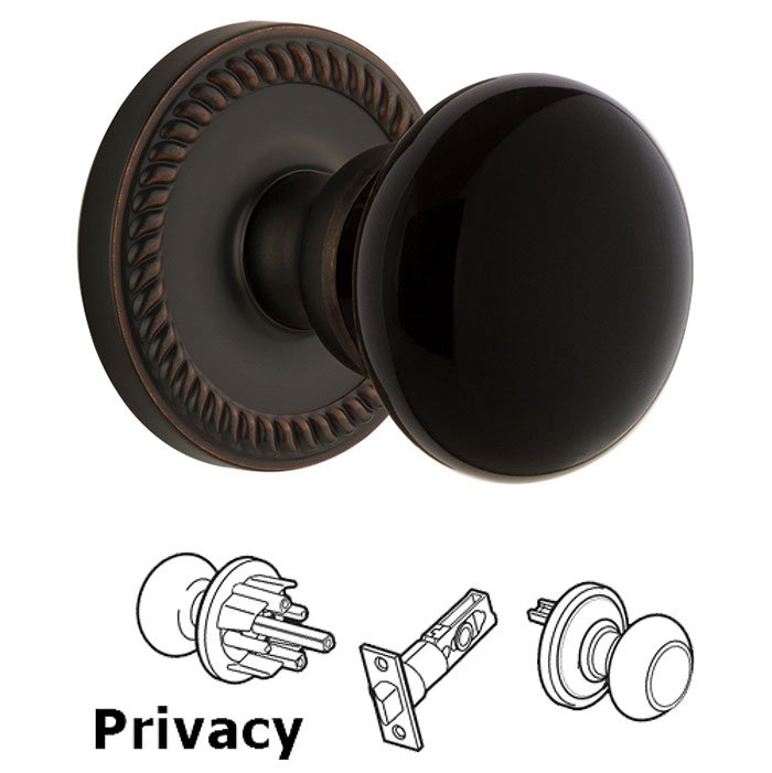 Privacy - Newport Rosette with Black Coventry Porcelain Knob in Timeless Bronze