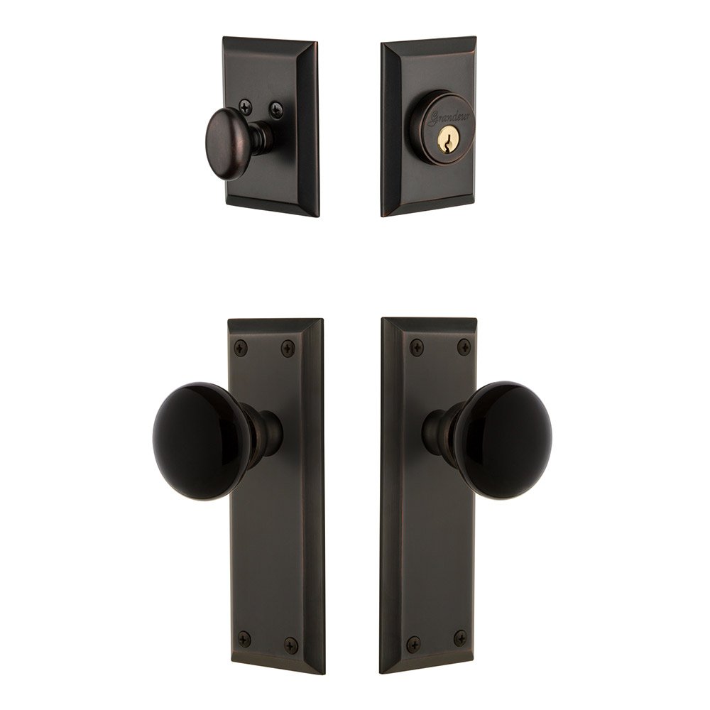 Fifth Avenue Plate with Coventry Knob and matching Deadbolt in Timeless Bronze