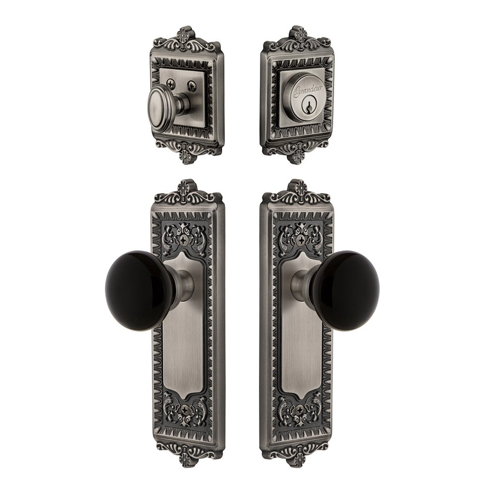 Windsor Plate with Coventry Knob and matching Deadbolt in Antique Pewter