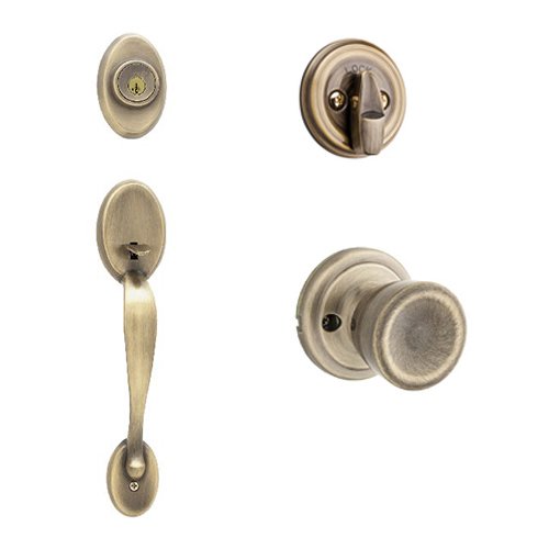 Chelsea Single Cylinder Handleset In Abbey Interior Active Handleset Trim & Single Cylinder Deadbolt In Antique Brass