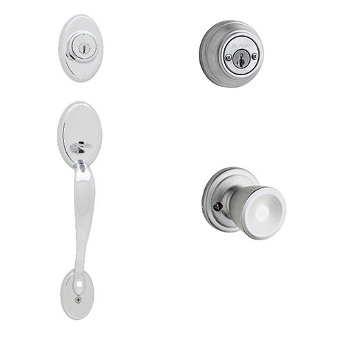 Chelsea Double Cylinder Handleset In Abbey Interior Active Handleset Trim & Double Cylinder Deadbolt In Satin Chrome