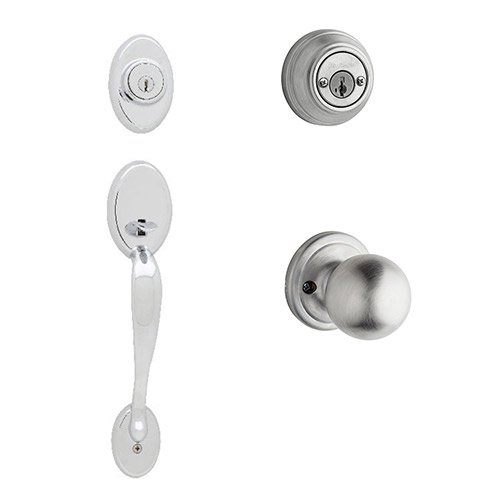 Chelsea Double Cylinder Handleset In Circa Interior Active Handleset Trim & Double Cylinder Deadbolt In Satin Chrome
