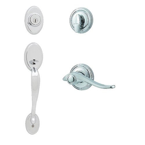 Chelsea Double Cylinder Handleset In Avalon Interior Active Handleset Trim Right Hand Door Lever & Double Cylinder Deadbolt In Bright Chrome