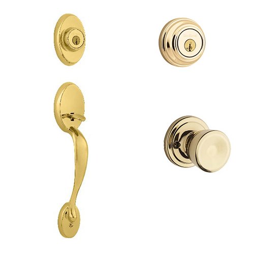 Chelsea Double Cylinder Handleset In Abbey Interior Active Handleset Trim & Double Cylinder Deadbolt In Bright Brass