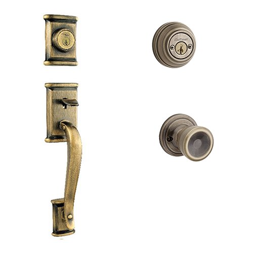 Chelsea Double Cylinder Handleset In Abbey Interior Active Handleset Trim & Double Cylinder Deadbolt In Antique Brass