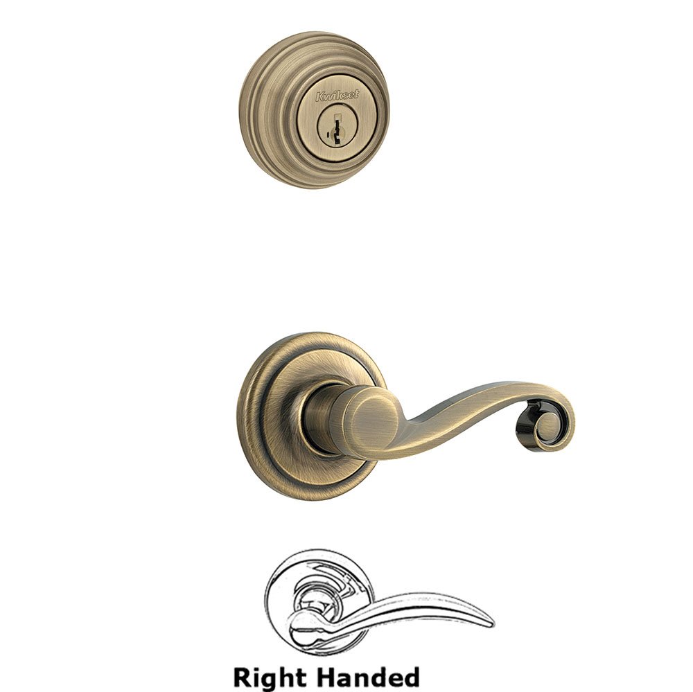 Lido Interior Active Handleset Trim Right Hand Door Lever & Double Cylinder Deadbolt in Antique Brass