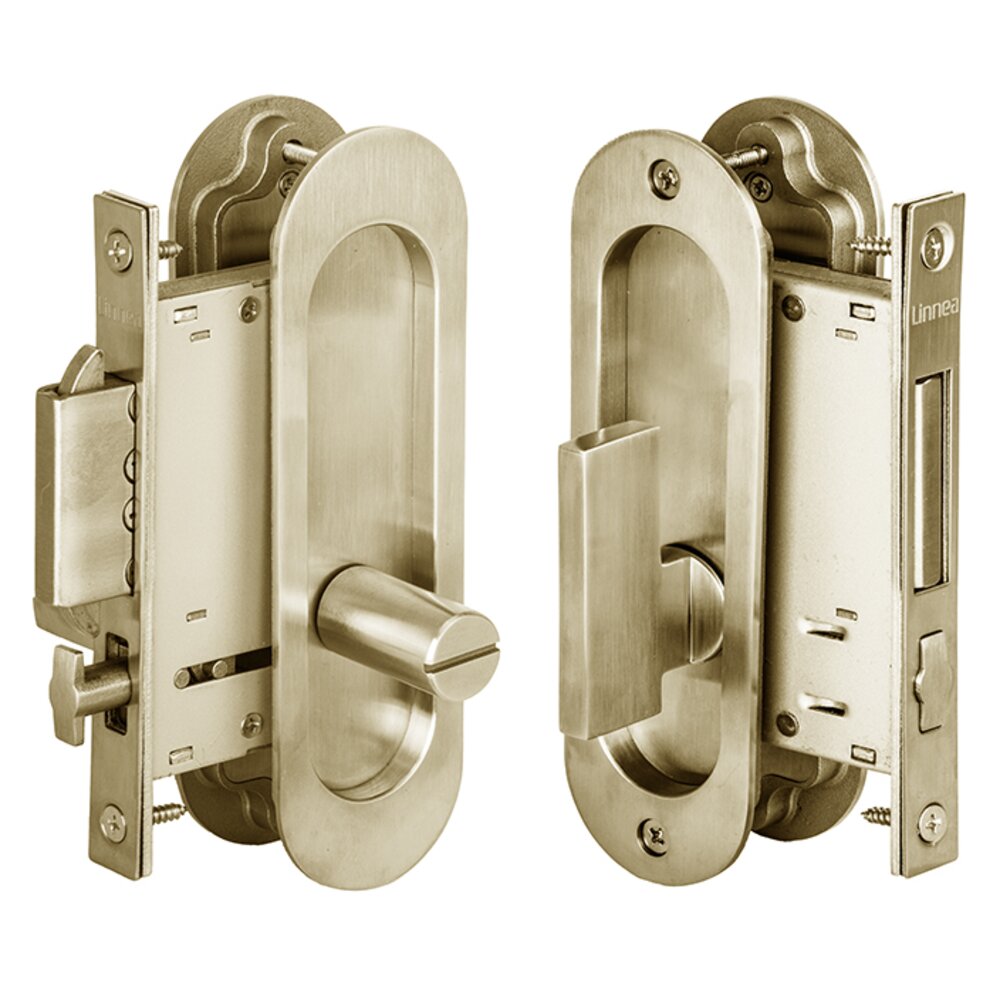 6 5/16" Oval Privacy Pocket Door Lock with ADA Turn Piece and Emergency Release in Satin Brass